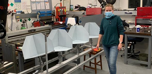 Corner reflectors in the workshop - Krisztina for scale) Corner reflectors in the workshop, Krisztina for scale